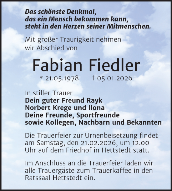 Traueranzeige von Fabian Fiedler von Trauerkombi Mansfelder Land