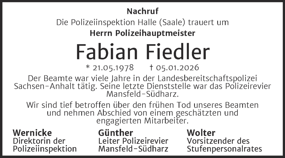  Traueranzeige für Fabian Fiedler vom 17.01.2026 aus Mitteldeutsche Zeitung Mansfelder Land