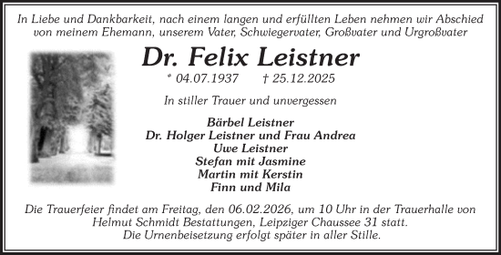 Traueranzeige von Felix Leistner von Volksstimme Magdeburg