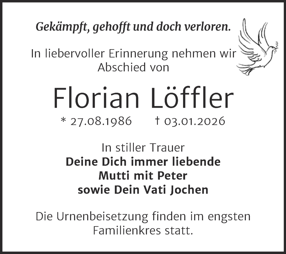 Traueranzeige für Florian Löffler vom 24.01.2026 aus Trauerkombi Wittenberg