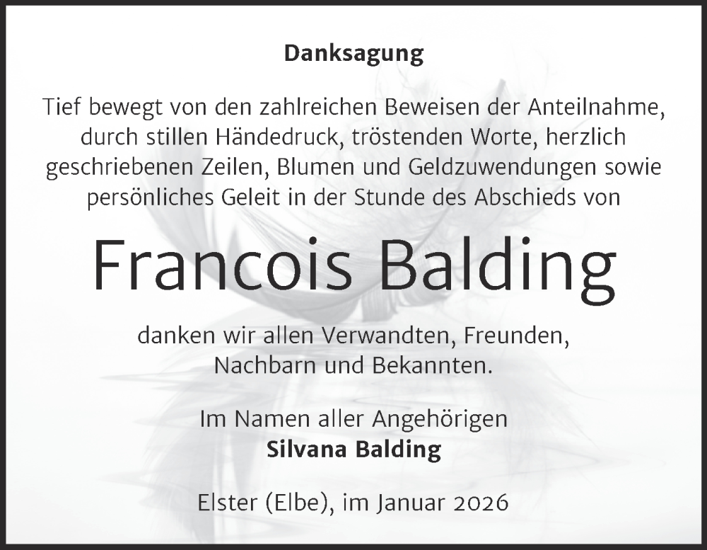  Traueranzeige für Francois Balding vom 17.01.2026 aus Trauerkombi Wittenberg