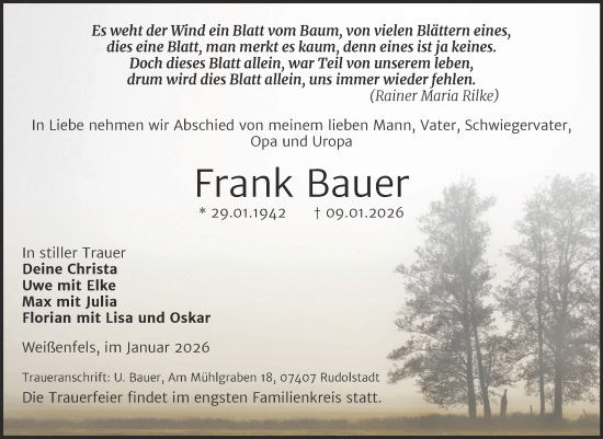 Traueranzeige von Frank Bauer von Mitteldeutsche Zeitung Weißenfels