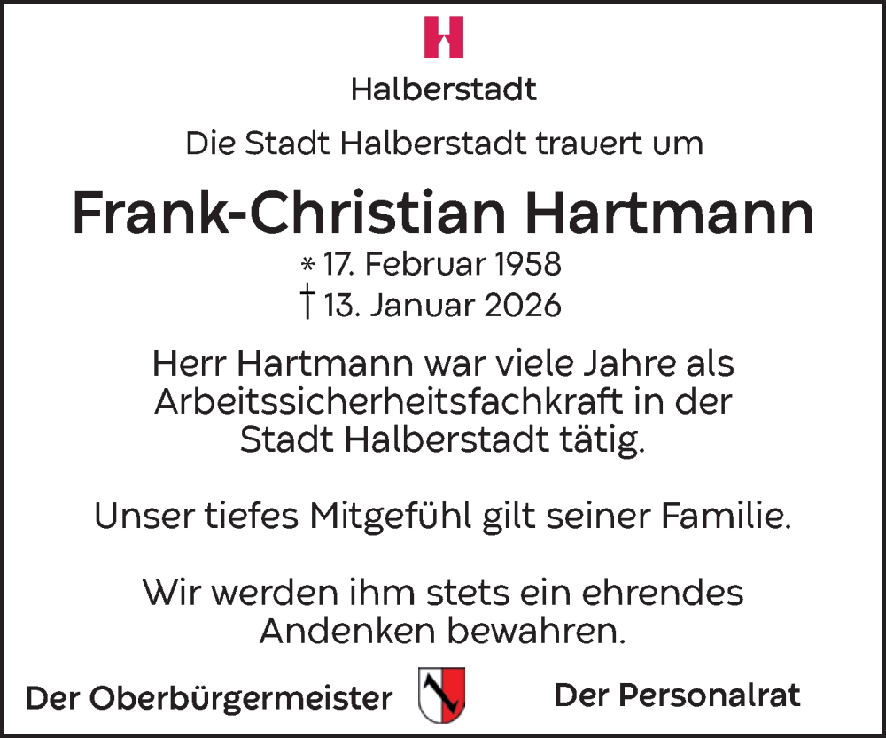  Traueranzeige für Frank-Christian Hartmann vom 24.01.2026 aus Volksstimme Halberstadt