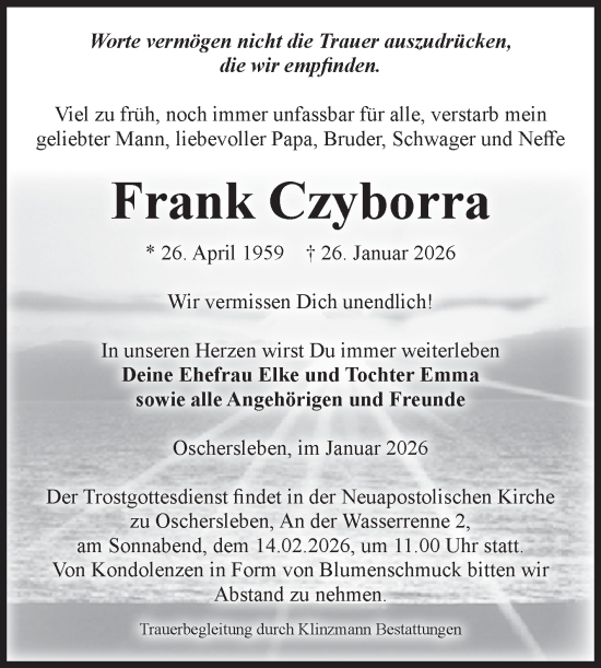 Traueranzeige von Frank Czyborra von Volksstimme Oschersleben/Wanzleben