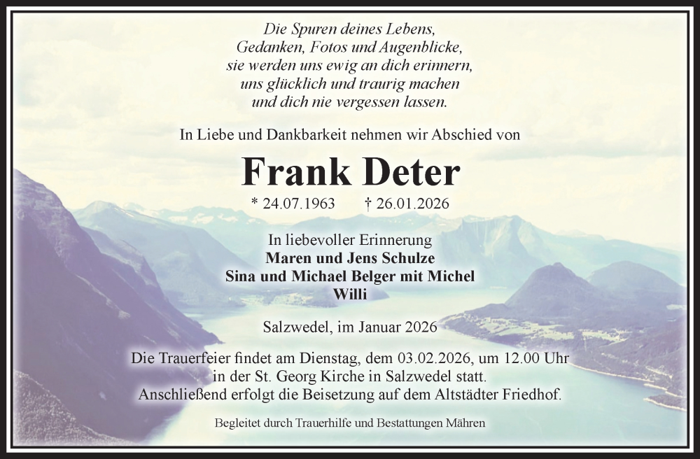  Traueranzeige für Frank Deter vom 28.01.2026 aus Volksstimme Altmark West