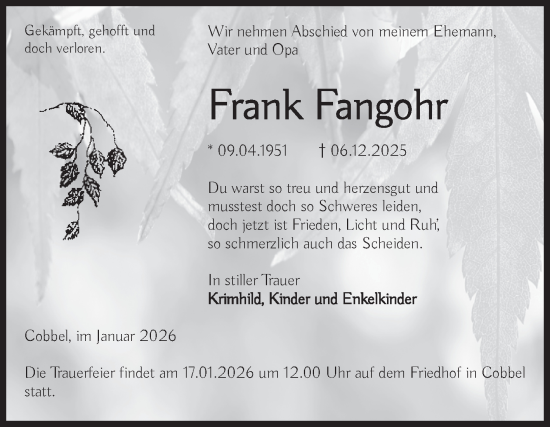 Traueranzeige von Frank Fangohr von Volksstimme Altmark Ost