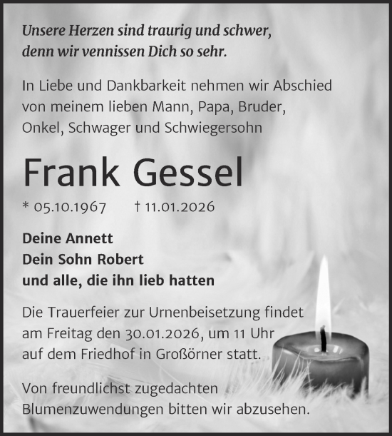 Traueranzeige von Frank Gessel von Trauerkombi Mansfelder Land