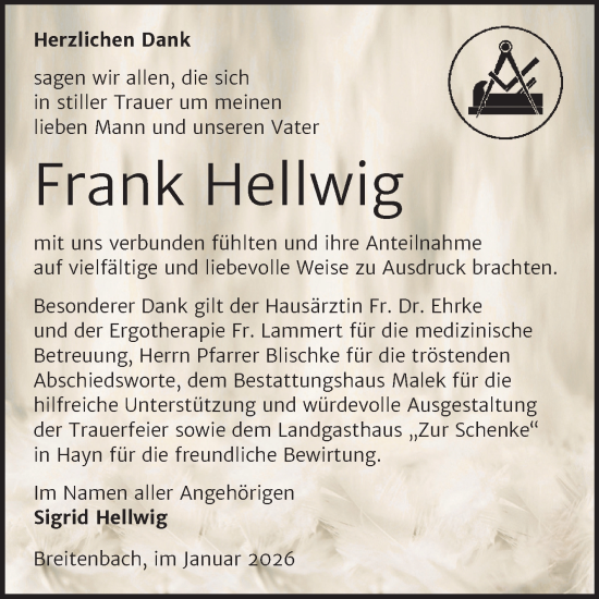 Traueranzeige von Frank Hellwig von Trauerkombi Sangerhausen