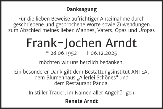 Traueranzeige von Frank-Jochen Arndt von Trauerkombi Wittenberg