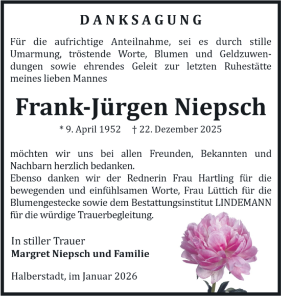 Traueranzeige von Frank-Jürgen Niepsch von Volksstimme Halberstadt