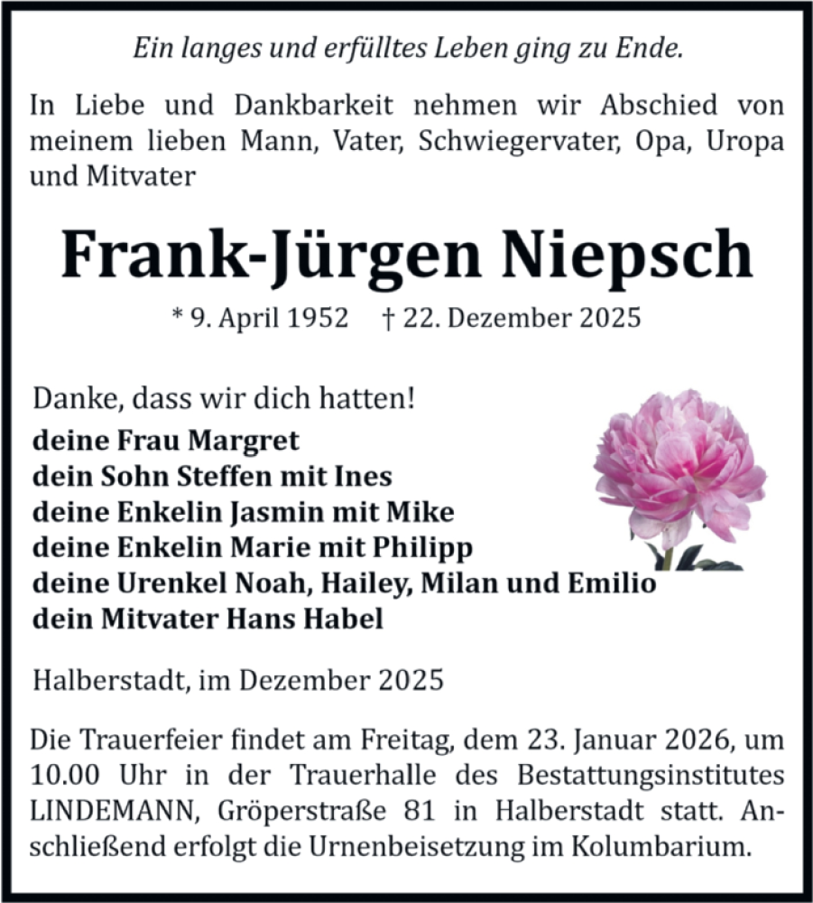  Traueranzeige für Frank-Jürgen Niepsch vom 03.01.2026 aus Volksstimme Halberstadt