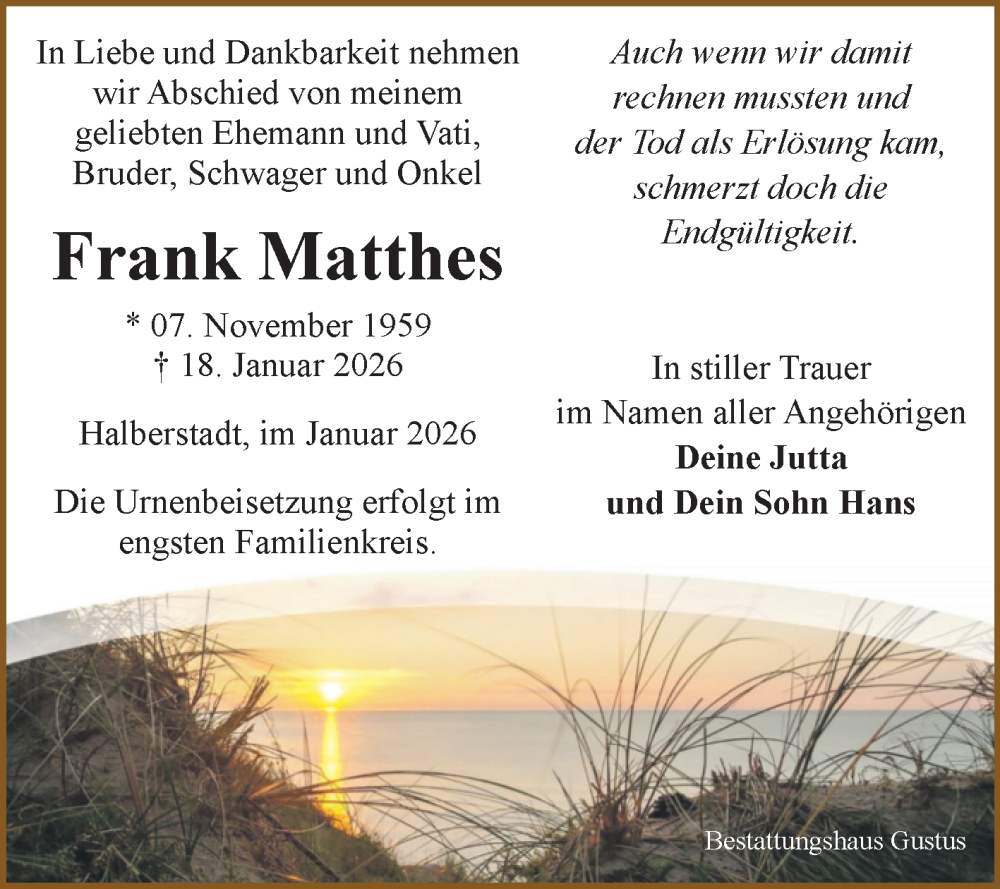  Traueranzeige für Frank Matthes vom 24.01.2026 aus Volksstimme Halberstadt