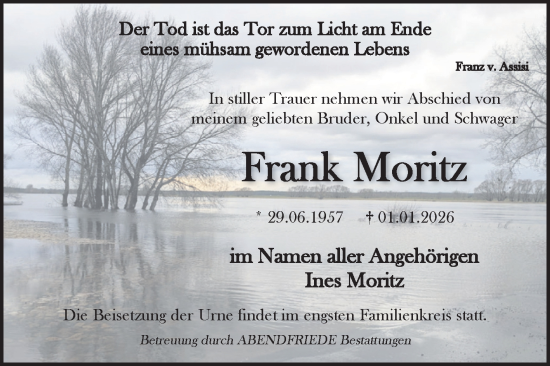 Traueranzeige von Frank Moritz von Volksstimme Haldensleben/Wolmirstedt