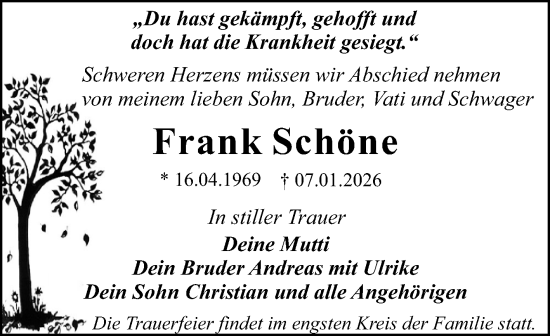 Traueranzeige von Frank Schöne von Trauerkombi Dessau