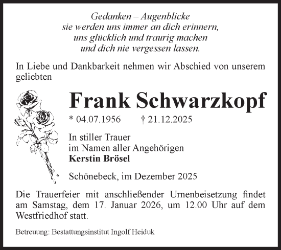 Traueranzeige von Frank Schwarzkopf von Volksstimme Schönebeck