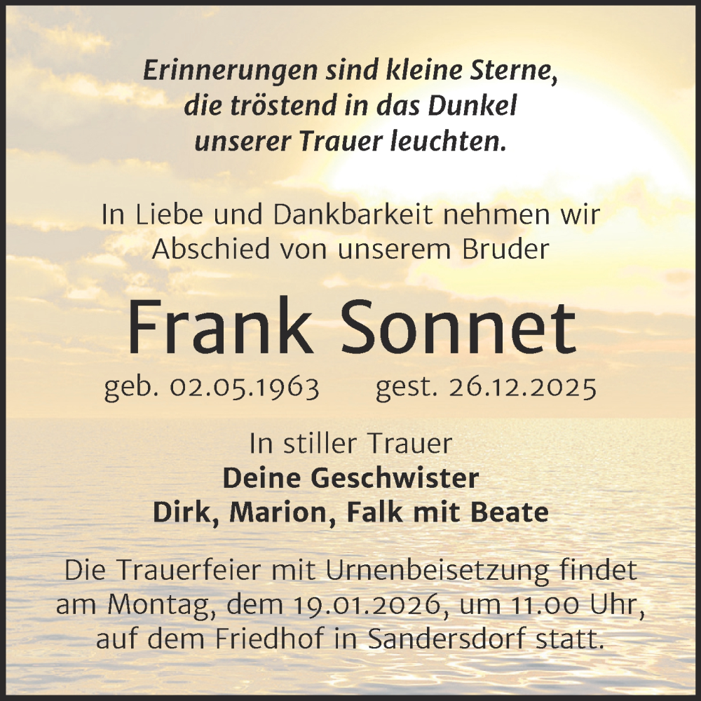  Traueranzeige für Frank Sonnet vom 17.01.2026 aus Trauerkombi Bitterfeld