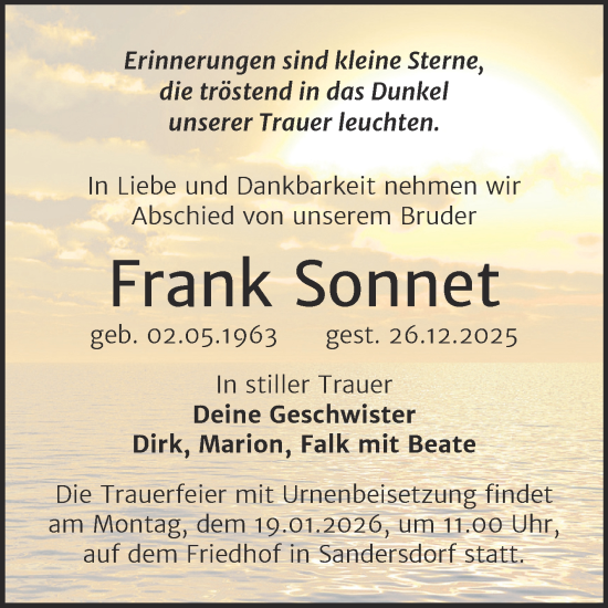 Traueranzeige von Frank Sonnet von Trauerkombi Bitterfeld