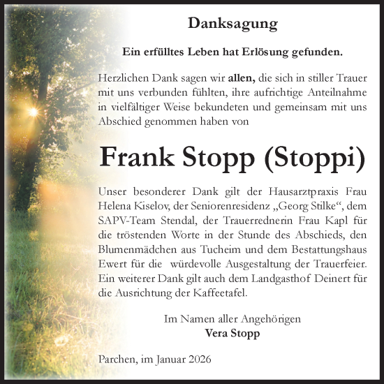 Traueranzeige von Frank Stopp von Volksstimme Burg/Genthin