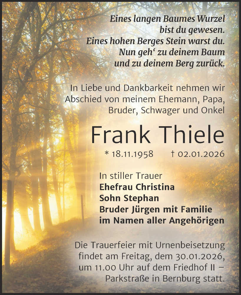  Traueranzeige für Frank Thiele vom 10.01.2026 aus Trauerkombi Bernburg