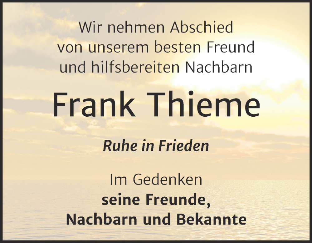  Traueranzeige für Frank Thieme vom 17.01.2026 aus Trauerkombi Zeitz