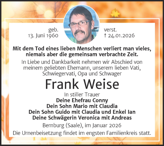 Traueranzeige von Frank Weise von Trauerkombi Bernburg