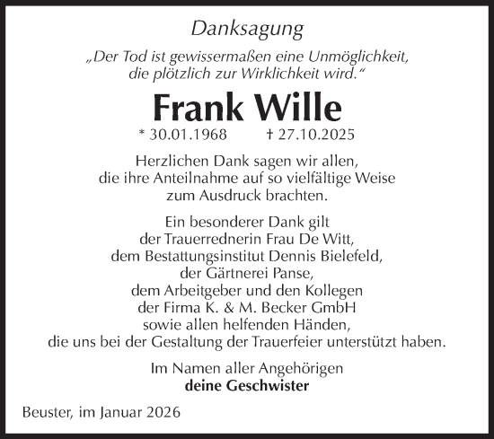 Traueranzeige von Frank Wille von Volksstimme Altmark Ost