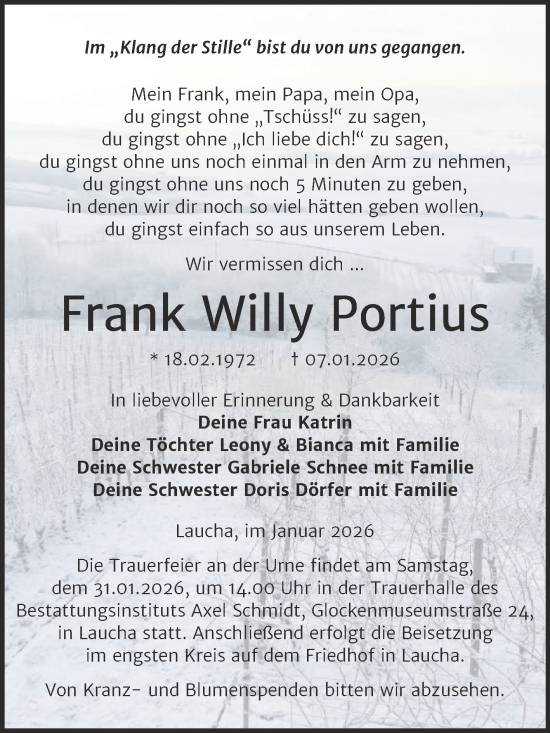 Traueranzeige von Frank Willy Portius von Super Sonntag Naumburg/Nebra