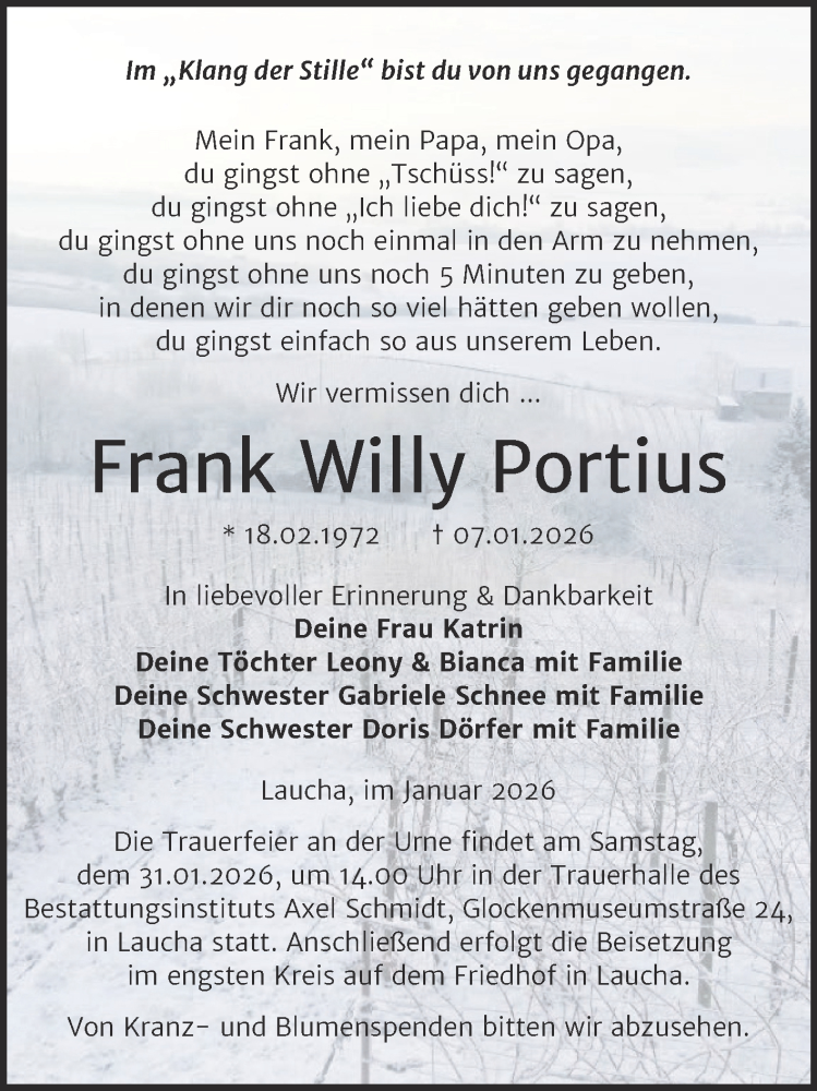  Traueranzeige für Frank Willy Portius vom 17.01.2026 aus Super Sonntag Naumburg/Nebra