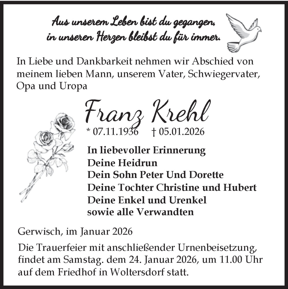 Traueranzeige für Franz Krehl vom 10.01.2026 aus Volksstimme Burg/Genthin