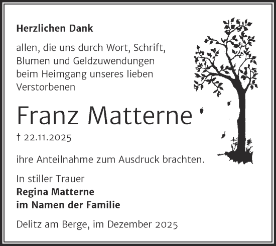 Traueranzeige von Franz Matterne von Trauerkombi Merseburg