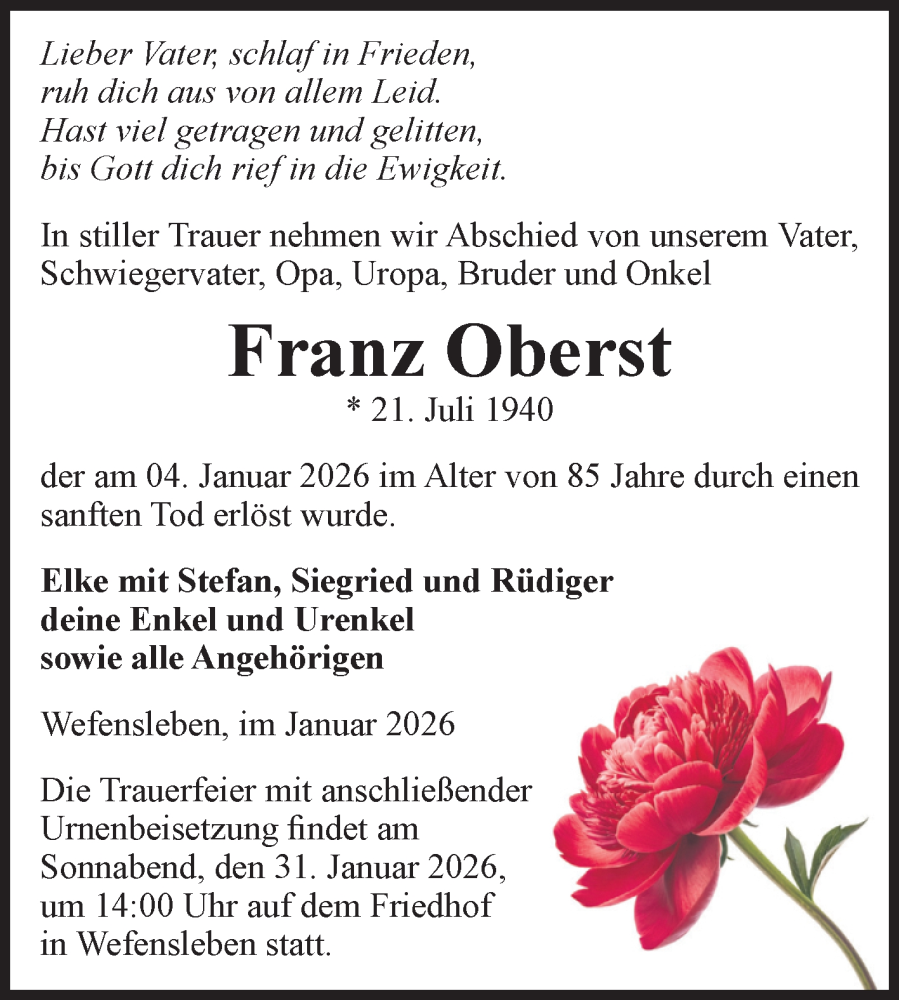  Traueranzeige für Franz Oberst vom 17.01.2026 aus Volksstimme Oschersleben/Wanzleben
