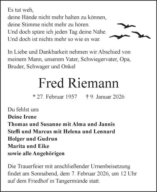 Traueranzeige von Fred Riemann von Volksstimme Altmark Ost