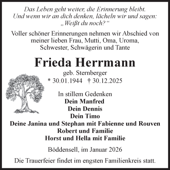 Traueranzeige von Frieda Herrmann von Volksstimme Haldensleben/Wolmirstedt
