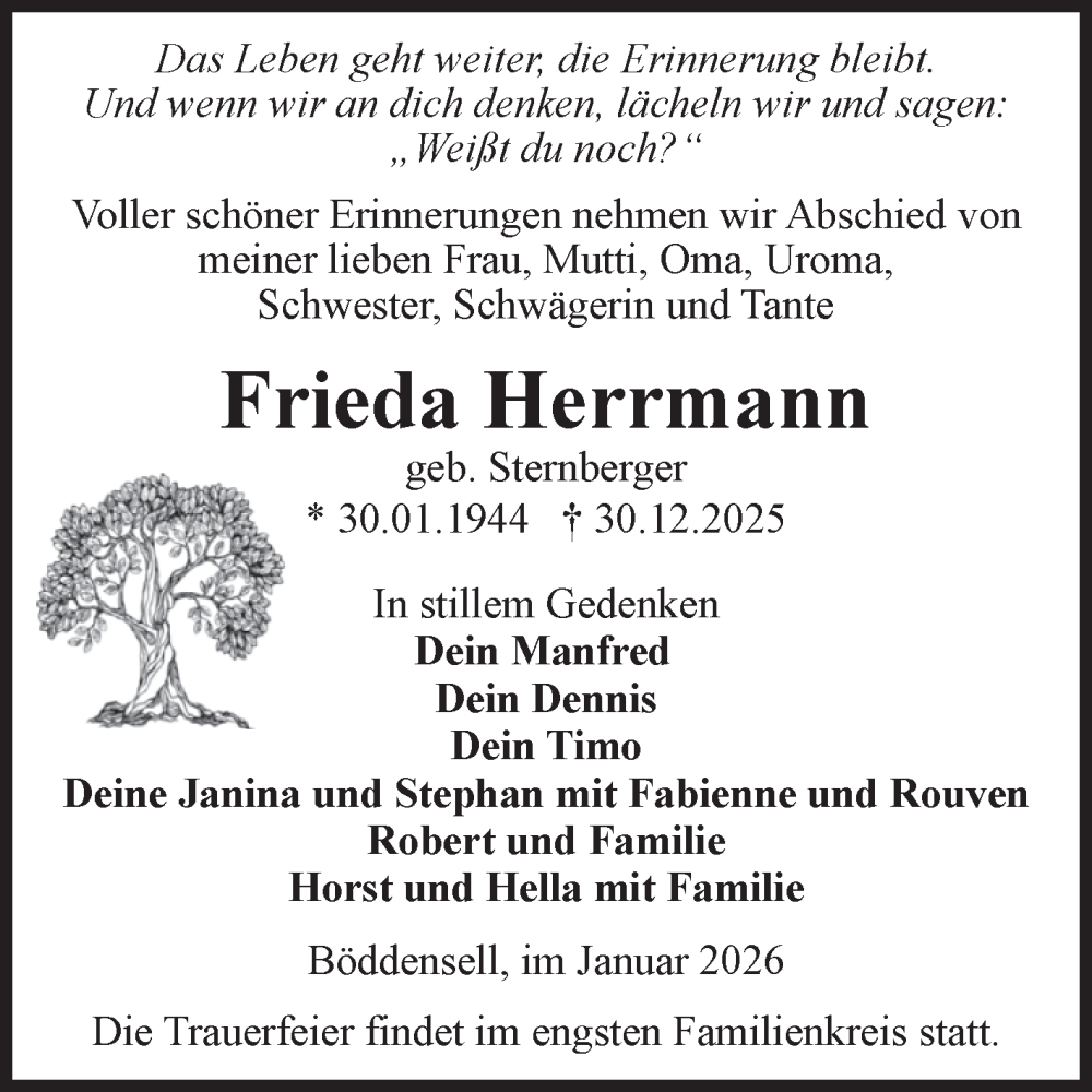  Traueranzeige für Frieda Herrmann vom 17.01.2026 aus Volksstimme Haldensleben/Wolmirstedt