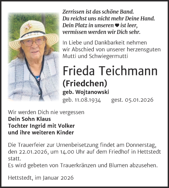 Traueranzeige von Frieda Teichmann von Trauerkombi Mansfelder Land