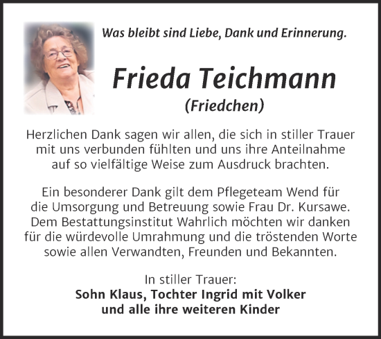 Traueranzeige von Frieda Teichmann von Trauerkombi Mansfelder Land