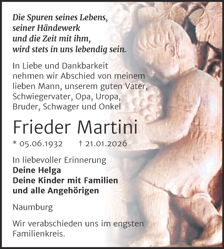  Traueranzeige für Frieder Martini vom 30.01.2026 aus Naumburger Tageblatt