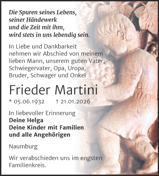 Traueranzeige von Frieder Martini von Naumburger Tageblatt