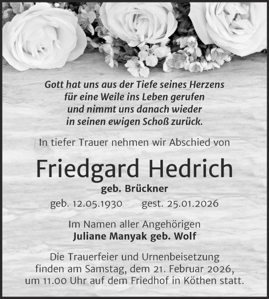 Traueranzeige von Friedgard Hedrich von Trauerkombi Köthen