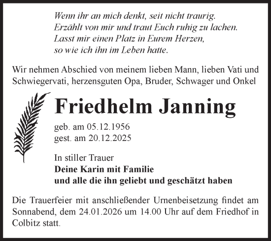 Traueranzeige von Friedhelm Janning von Volksstimme Haldensleben/Wolmirstedt
