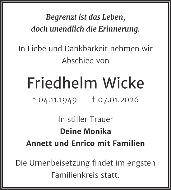 Traueranzeige von Friedhelm Wicke von Mitteldeutsche Zeitung Halle/Saalkreis
