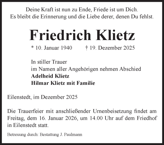 Traueranzeige von Friedrich Klietz von Volksstimme Halberstadt