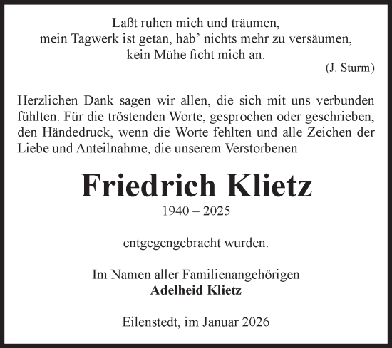 Traueranzeige von Friedrich Klietz von Volksstimme Halberstadt