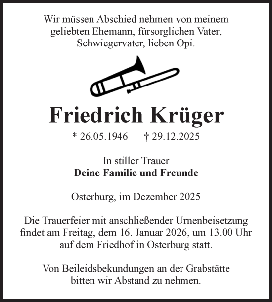 Traueranzeige von Friedrich Krüger von Volksstimme Altmark Ost