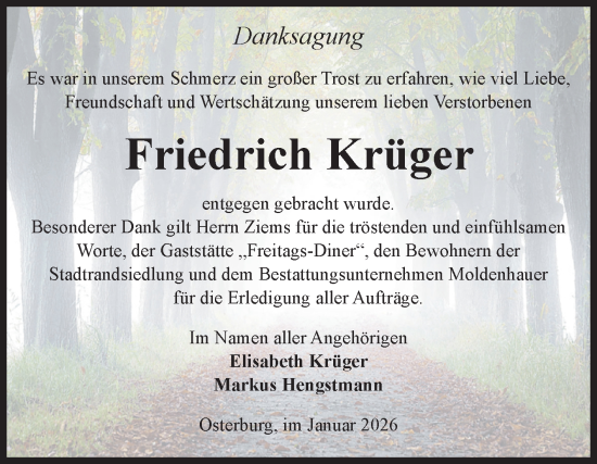 Traueranzeige von Friedrich Krüger von Volksstimme Altmark Ost
