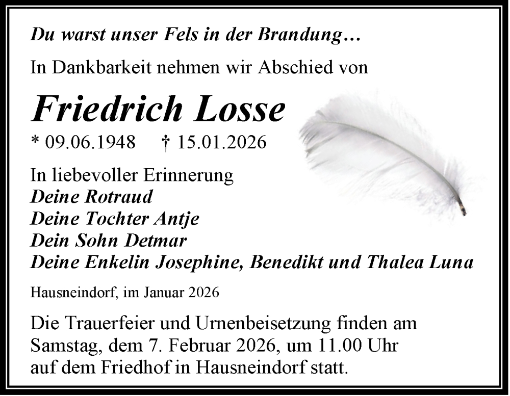  Traueranzeige für Friedrich Losse vom 24.01.2026 aus Trauerkombi Quedlinburg