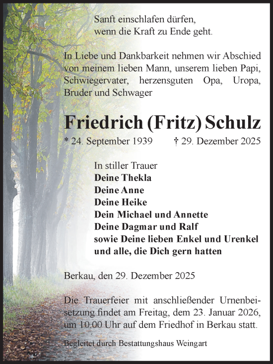 Traueranzeige von Friedrich Schulz von Volksstimme Altmark Ost