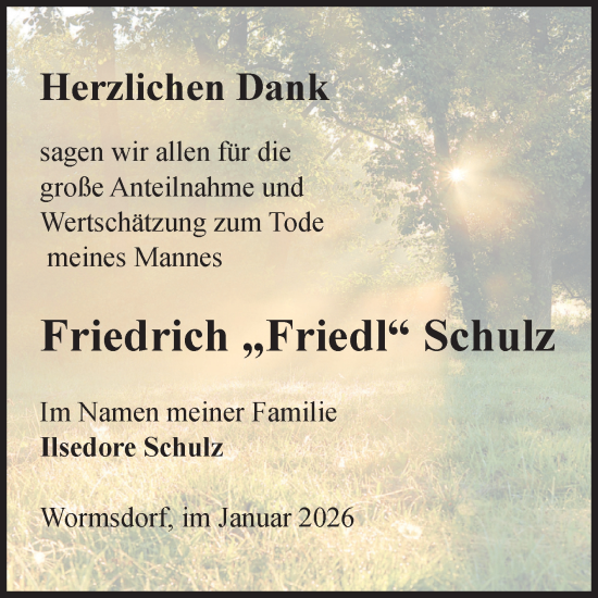 Traueranzeige von Friedrich Schulz von Volksstimme Oschersleben/Wanzleben