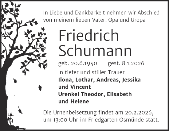 Traueranzeige von Friedrich Schumann 