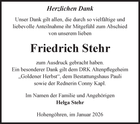 Traueranzeige von Friedrich Stehr von Volksstimme Altmark Ost